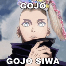 a picture of a bald anime character with a ponytail and the words gojo gojo siwa .