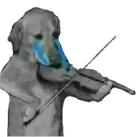 a dog with tears running down its face is playing a violin .