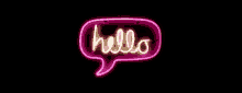 a neon sign that says `` hello '' in a pink speech bubble on a black background .