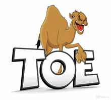 a cartoon camel is standing on a large toe sign