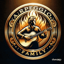 a man playing a guitar in a circle with the words a.r.peggio family on it