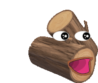 a cartoon drawing of a log with big eyes and a pink tongue sticking out