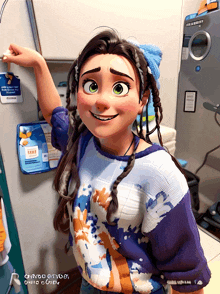 a girl in a blue sweater is standing in front of a refrigerator with a sticker that says love