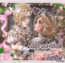 a picture of a man and woman with the words hop on rank bestie on the bottom