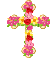 a cross decorated with pink and red flowers