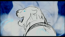 a black and white drawing of a lion with blue eyes