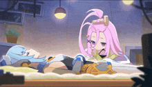 a cartoon drawing of a girl with pink hair laying on a bed