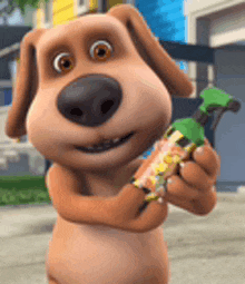 a cartoon dog is holding a green spray bottle in his hands .