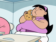 a cartoon of a woman eating a slice of pizza