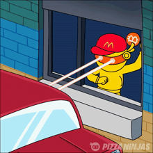 a cartoon of a man wearing a mcdonald 's hat shooting lasers at a car