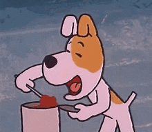 a cartoon dog is eating a strawberry out of a can with a spoon .