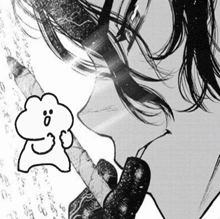 a black and white drawing of a person smoking a cigarette with a drawing of a bear on the bottom
