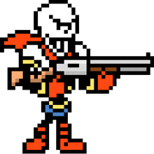 papyrus from undertale is holding a gun in his hand in a pixel art style .