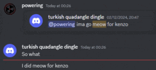 a screenshot of a discord conversation between turkish and powering