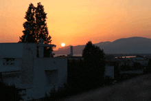 a sunset with a white building in the foreground and a tree in the foreground