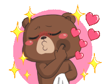 a cartoon of a brown teddy bear with hearts around him