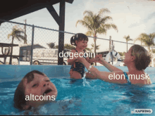 a picture of a woman holding a child in a pool with altcoins and dogecoin written on the bottom