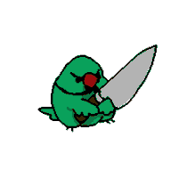 a green bird is holding a large knife in its hand .