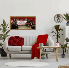 a living room with a couch and a picture on the wall that says ' reebok ' on it