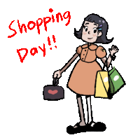 a cartoon drawing of a girl holding shopping bags and the words shopping day written above her