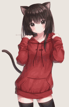 a girl with cat ears is wearing a red sweatshirt that says f cat