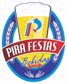 a logo for pira festas bebidas with a glass of beer in the middle