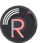 a black circle with a red r and the word rhythm below it