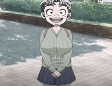 a cartoon girl with big breasts is smiling and standing on a sidewalk