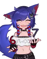 a drawing of a girl with blue hair wearing a white shirt that says 6 awoo7