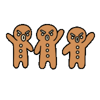 three gingerbread men are standing next to each other with their arms in the air