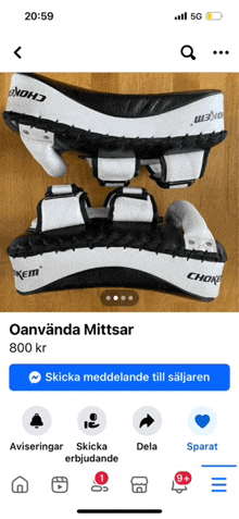 a phone screen shows a pair of mitts for 800kr