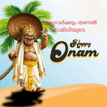 a happy onam greeting card with a man in a traditional outfit