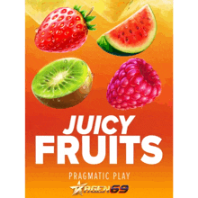 a poster for juicy fruits shows a strawberry kiwi watermelon and raspberry