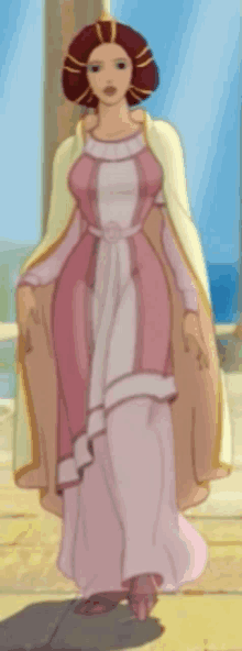 a cartoon of a woman in a pink and white dress and cape .