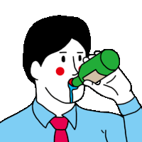 a man in a blue shirt and red tie is drinking from a bottle