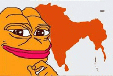 a cartoon frog with a pink mouth is standing in front of a map of india .