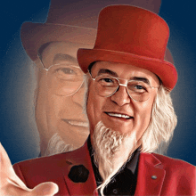 a man wearing a red top hat and glasses