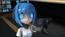 a cartoon character with blue hair is holding a gun and wearing a shirt that says no