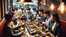 a group of people are sitting at a long table eating and drinking beer