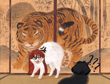 a painting of a tiger and two cats with the watermark of oyuzuku on the bottom right