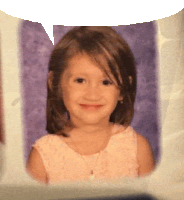 a little girl in a pink dress with a speech bubble above her head