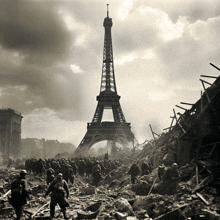 a black and white photo of the eiffel tower and soldiers