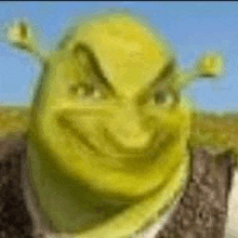 shrek from shrek is smiling and making a funny face while standing in a field .