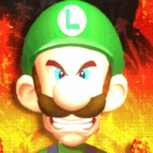 a cartoon character with a green hat and a white letter l on his hat