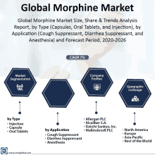 a poster titled global morphine market size share & trends analysis report by type ( capsules oral tablets and injection ) by application