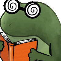 a cartoon frog wearing glasses is reading an orange book