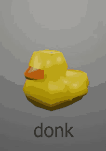 a 3d model of a yellow rubber duck with the word donk written on it .