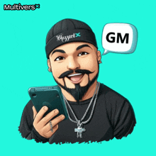 a cartoon of a man holding a cell phone with a gm bubble above him