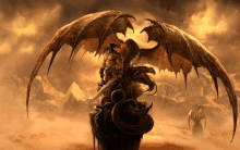 a man with a sword is standing next to a dragon with wings