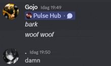 a screenshot of a conversation between gojo and pulse hub bark woof woof and damn